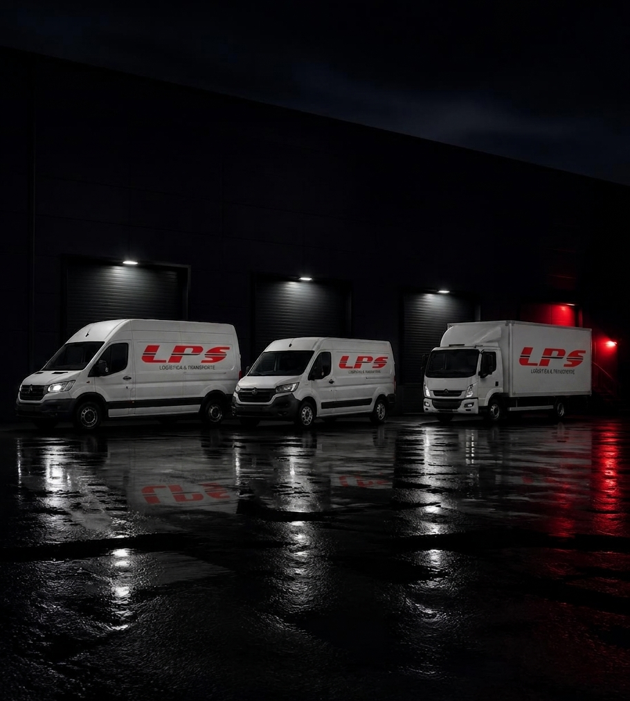 Frota de vans e caminhão da LPS em base logística noturna